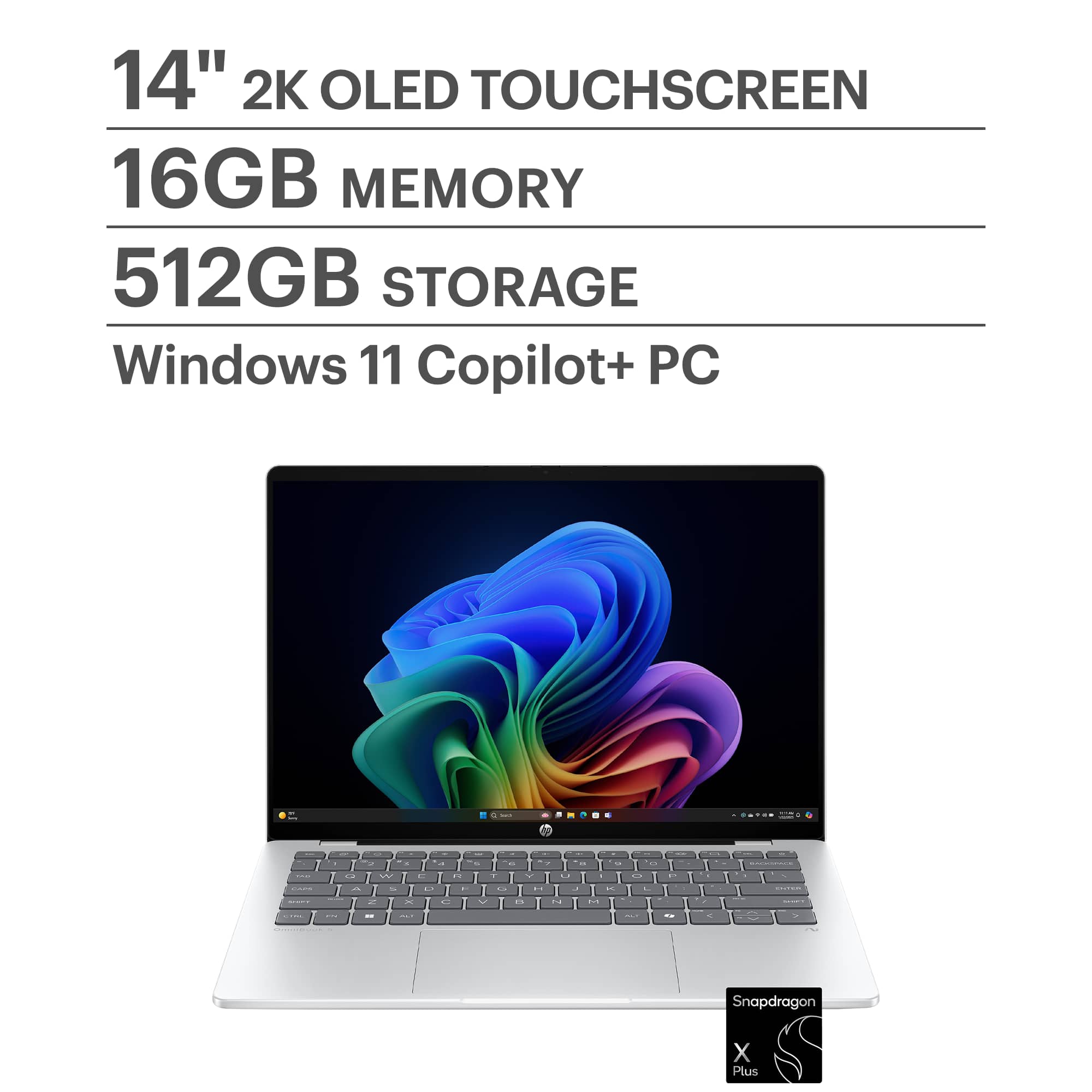 HP - OmniBook 5 - Copilot+ PC - 14" 2K OLED Touch-Screen Laptop - Snapdragon X Plus 2025 - 16GB Memory - 512GB SSD - Glacier…