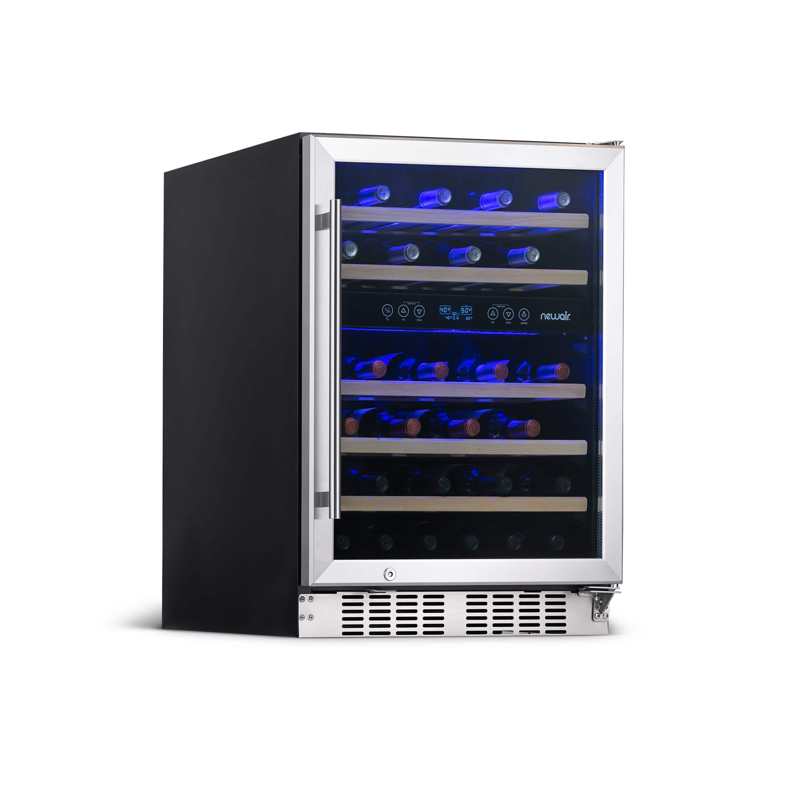 NewAir - 24” 46-Bottle Dual Zone Built-in Wine Fridge with Beech Wood Shelves and Recessed Kickplate - Stainless Steel produ…