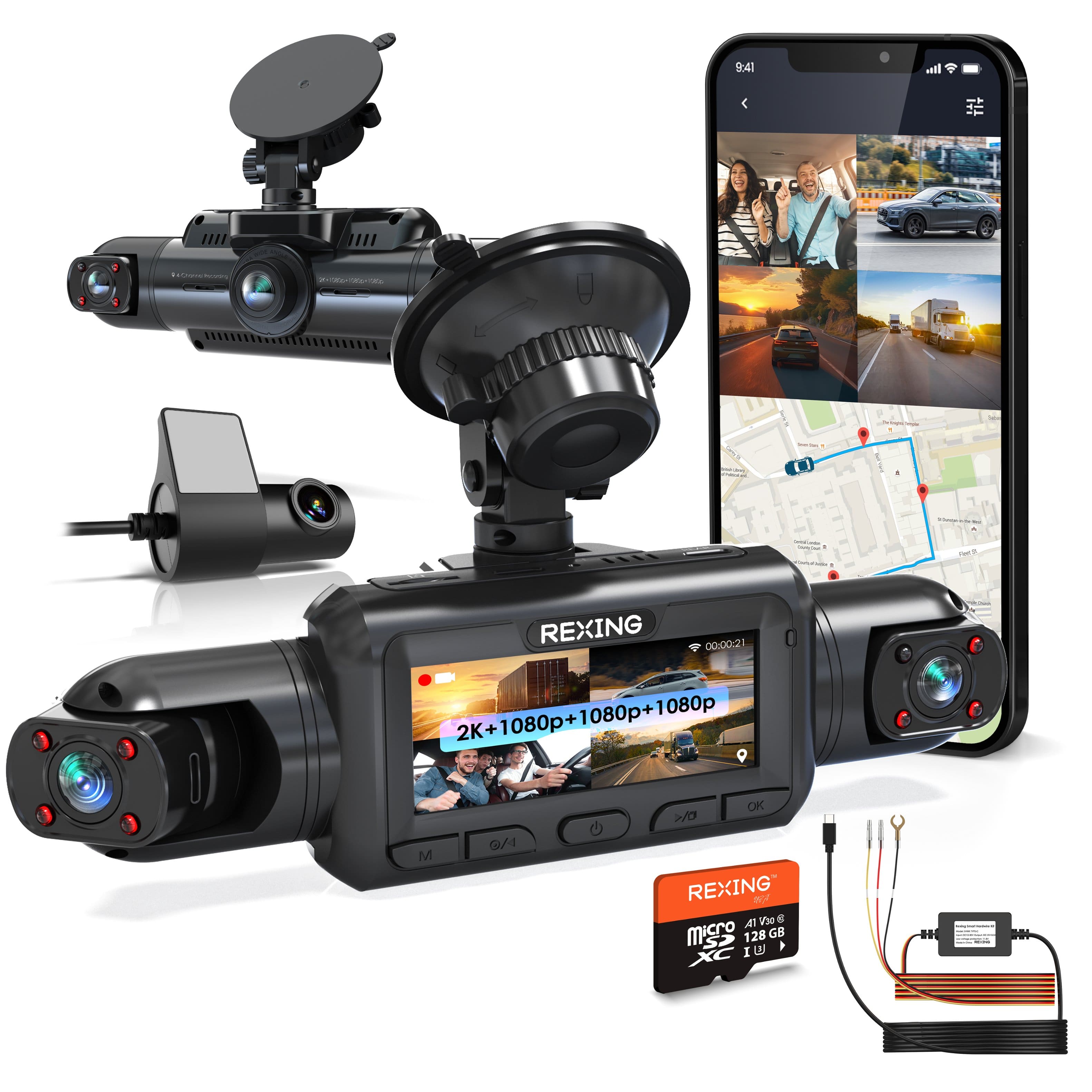 Rexing - R4 Pro 2K Front + 1080p*3 4CH Dash Cam, WiFi, GPS, Loop Recording, Parking Mode, G-Sensor - Black product image