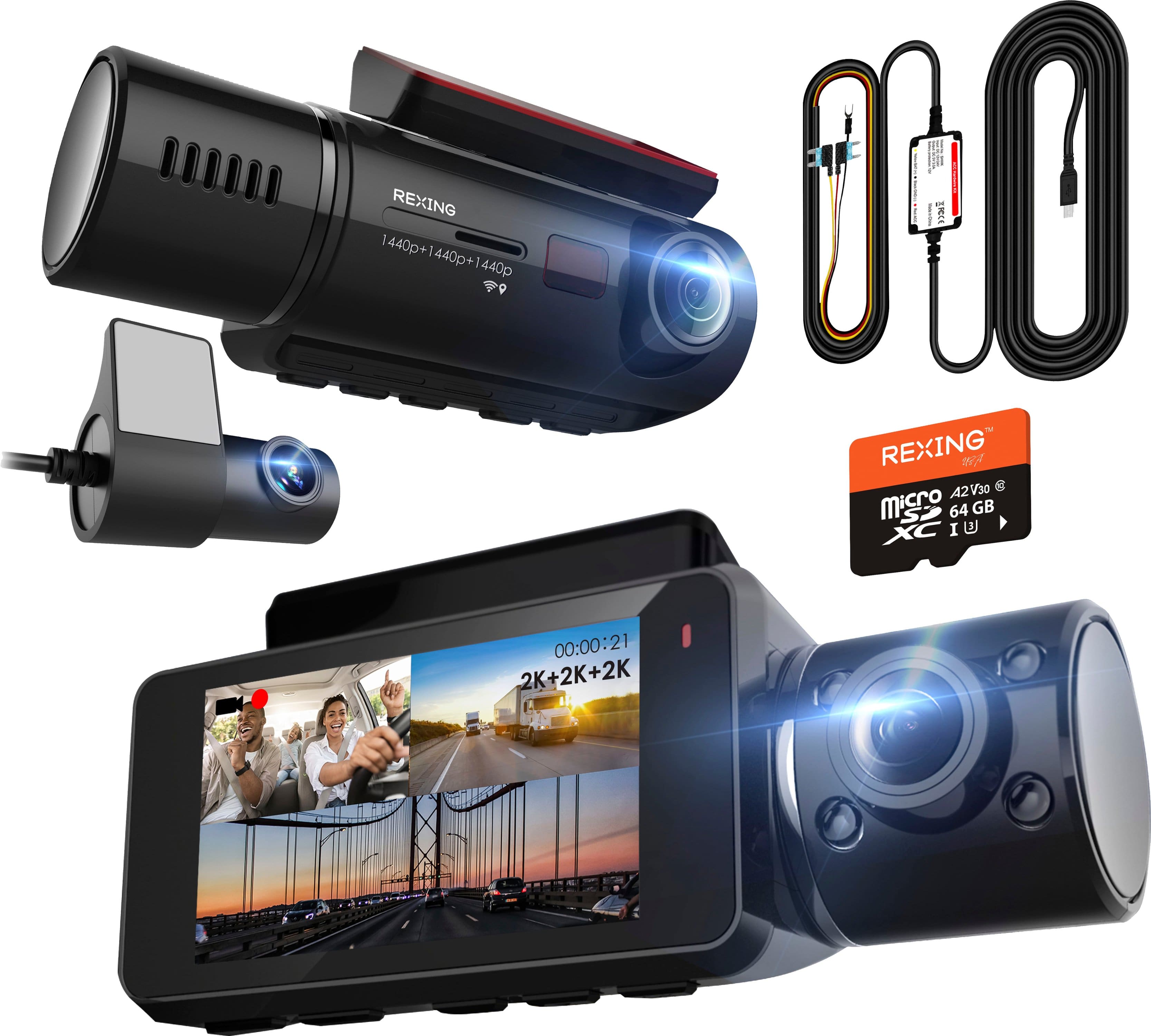 Rexing - V33 3 Channel 1440p+1440p+1440p Resolution Dashcam with Front, Cabin and rear camera, GPS, Mobile App, Parking Moni…