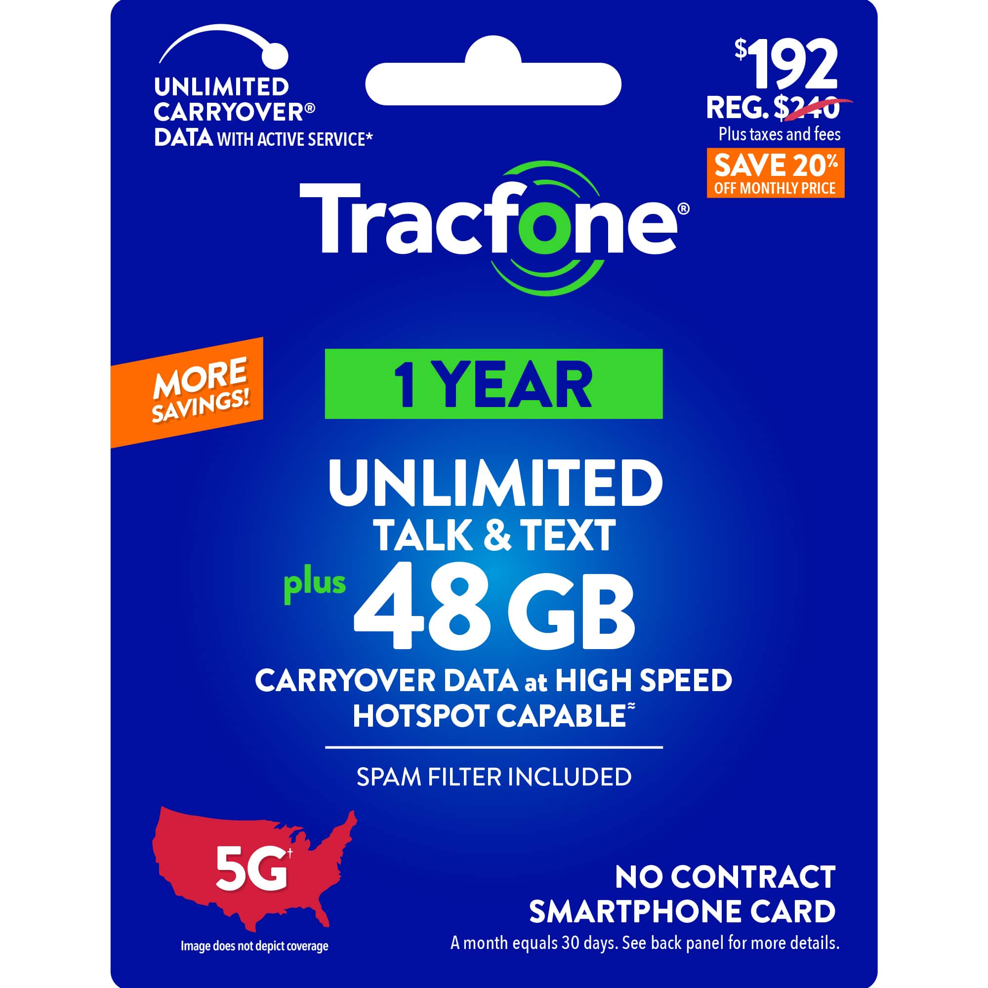 Tracfone - $192 Unlimited Talk & Text plus 48GB of Data 365-Day - Prepaid Plan [Digital] product image